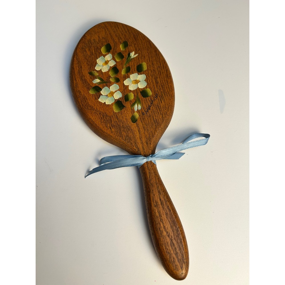 Vintage 1980s Hand Painted Floral Wooden Hand Mirror Cottagecore Folk Art 12"